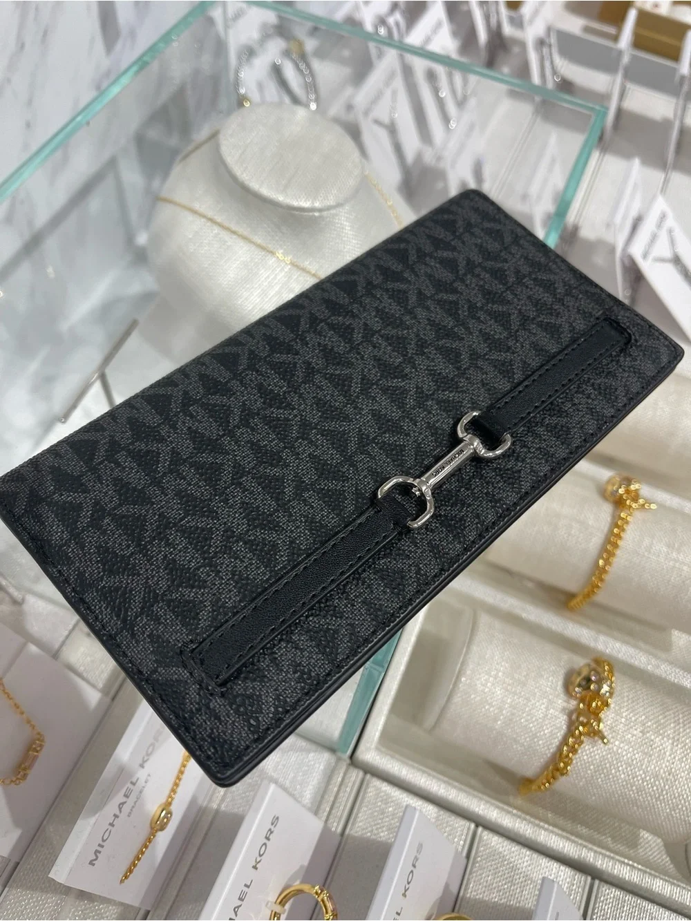Michael Kors Carson Large Signature Logo Snap Wallet Black/Silver Hardware  NWT